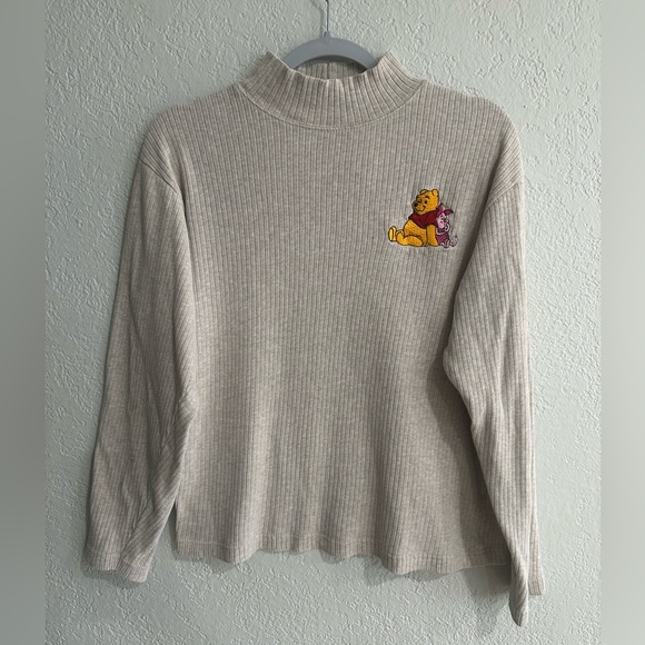 Disney Winnie the Pooh Ribbed Mock Neck Sweatshirt Beige Size L - Picture 2 of 10
